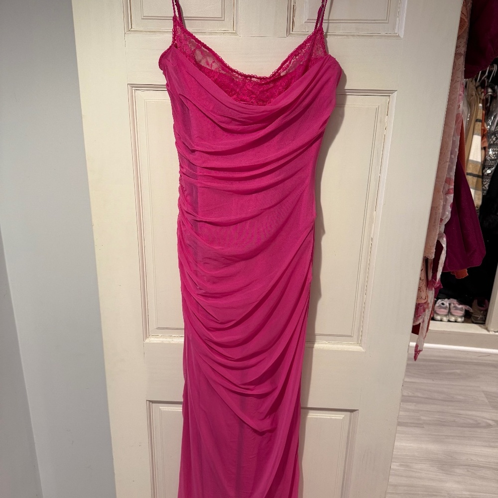 House of CB NALINI Fuchsia Stretch Mesh Maxi Dress